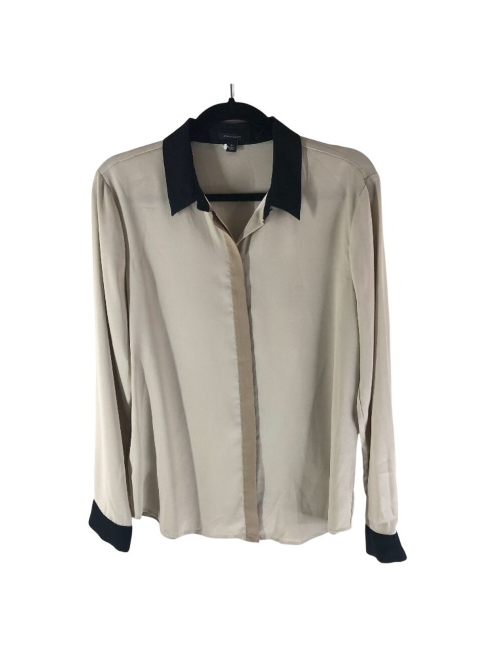 Ann Taylor Womens Blouse Button Down Long Sleeve Colorblock Beige Black 10 - Picture 1 of 4